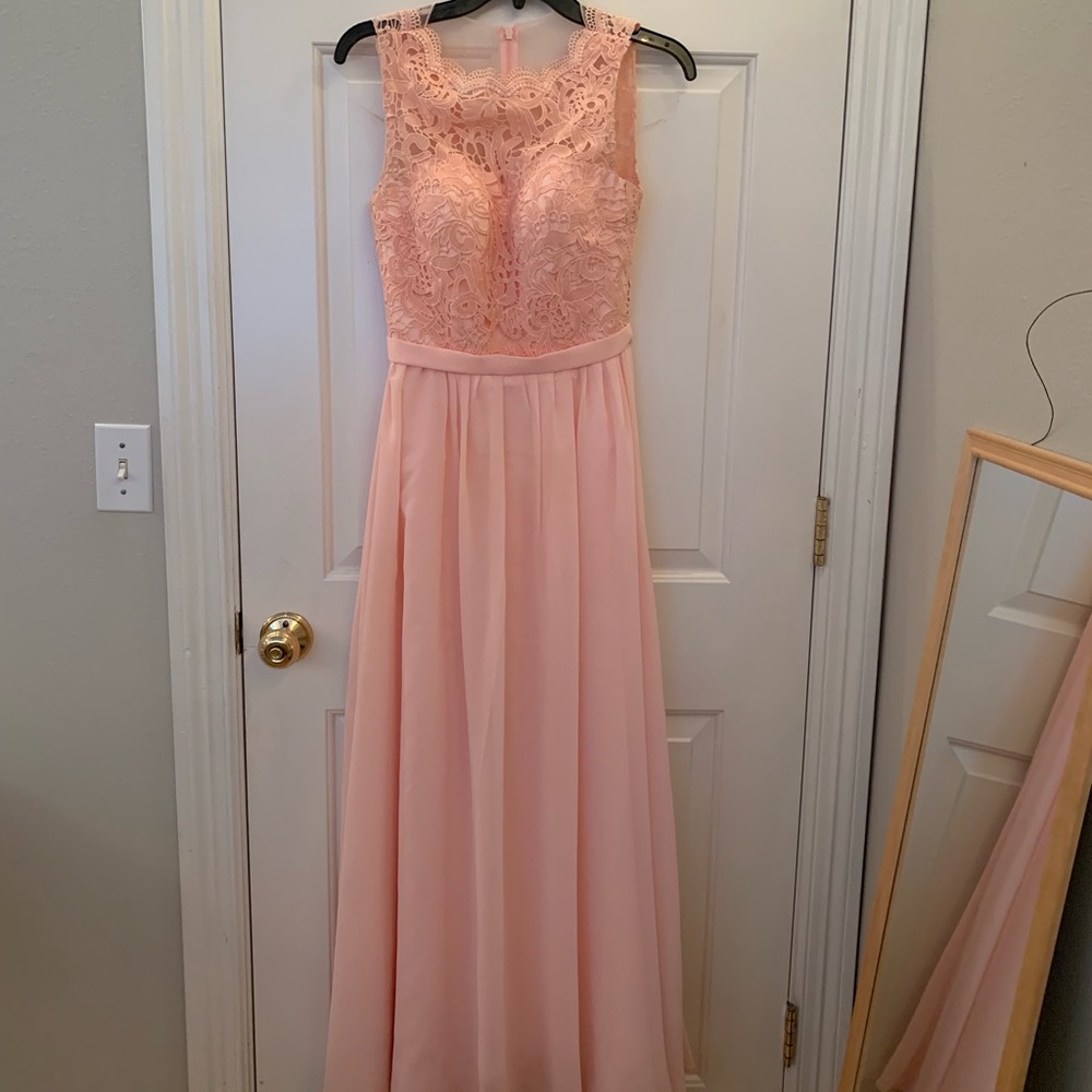 Blush pink long bridesmaid prom wedding dress